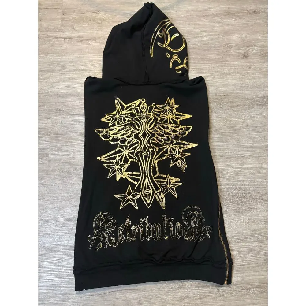 Vintage Y2K Men's Retribution Sleeveless‎ Full Zip Hoodie M Gold Rocker Glam